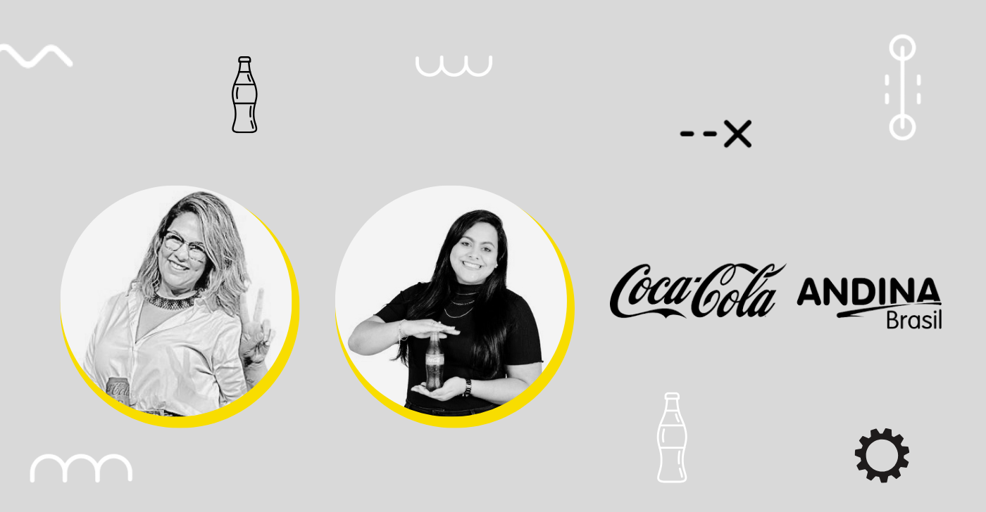 Fotos de Monique Freitas e Débora Andrade, colaboradoras da Coca-Cola Andina, ao lado da logo da Coca-Cola Andina Brasil