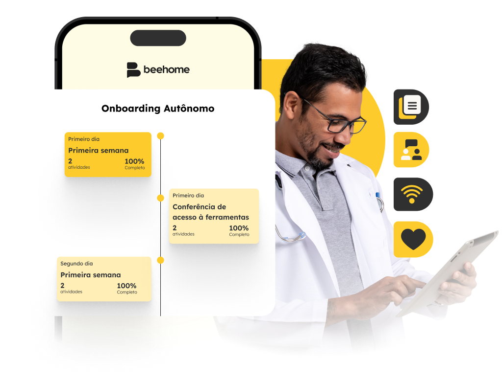 Tela do Beehome mostrando onboarding autônomo em celular ao lado de profissional usando tablet Tela do Beehome mostrando onboarding autônomo em celular ao lado de profissional usando tablet