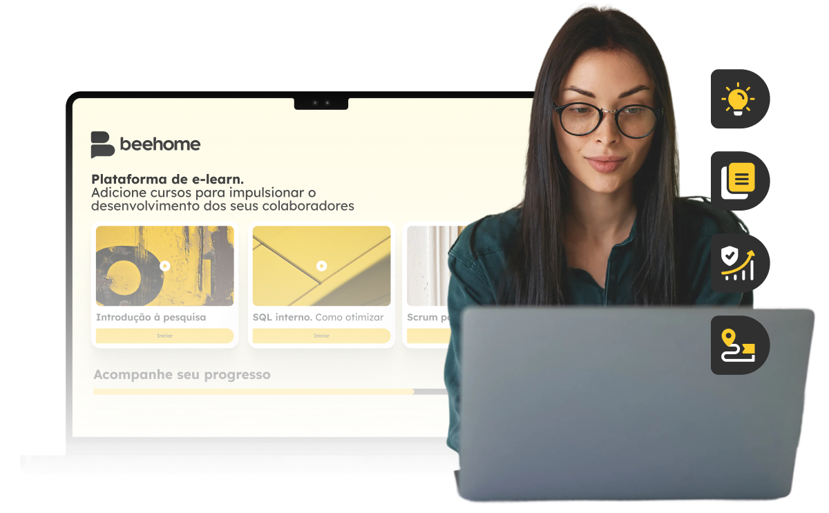 Mulher de óculos usando utilizando a plataforma de e-learning Beehome em um notebook para acessar cursos como "Introdução à pesquisa" e "SQL interno". Mulher de óculos usando utilizando a plataforma de e-learning Beehome em um notebook para acessar cursos como "Introdução à pesquisa" e "SQL interno".