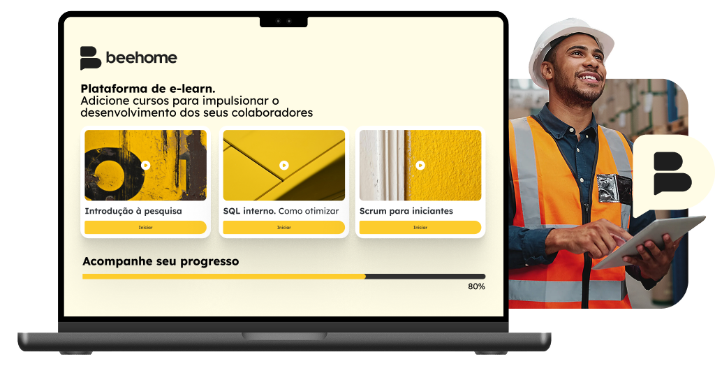 Trabalhador do setor logístico com capacete e colete laranja, utilizando tablet ao lado de um notebook que exibe o painel treinamentos exclusivos para a equipe. Trabalhador do setor logístico com capacete e colete laranja, utilizando tablet ao lado de um notebook que exibe o painel treinamentos exclusivos para a equipe.