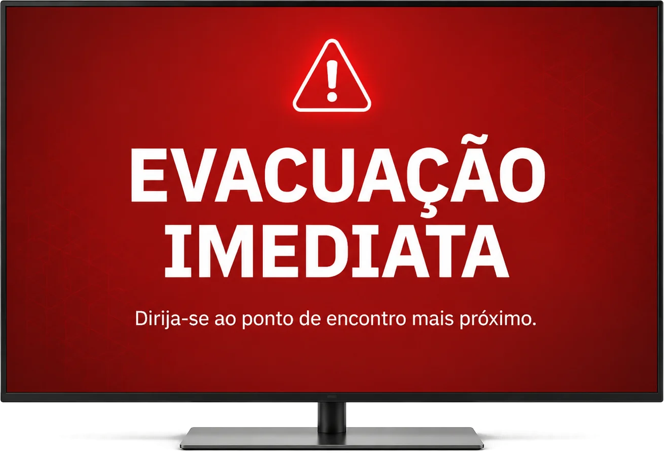 Tela da Beehome TV com o aviso de evacuação imediata ocupando a tela inteira