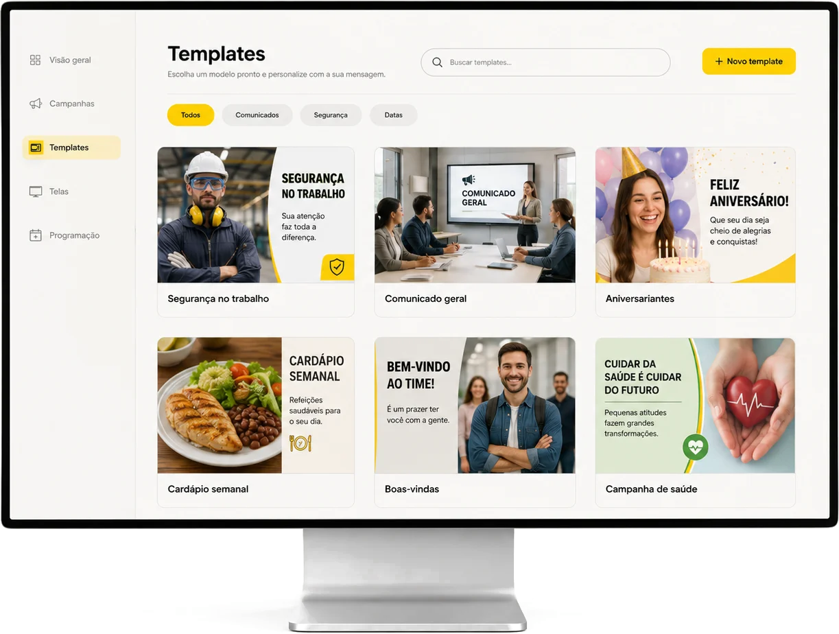 Galeria de templates da Beehome TV, com modelos prontos por categoria