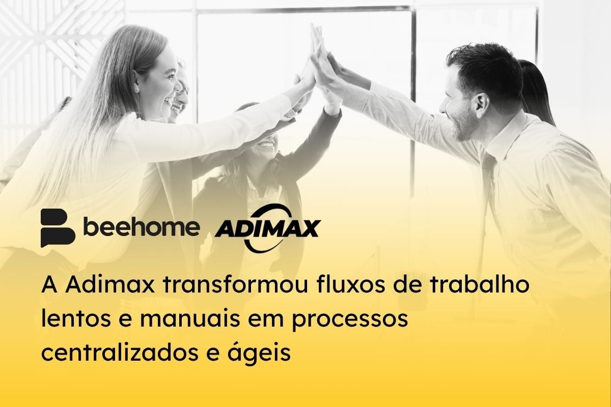 Funcionários da Beehome prestam apoio à equipe adimax. O grupo bate as mãos e comemora o sucesso