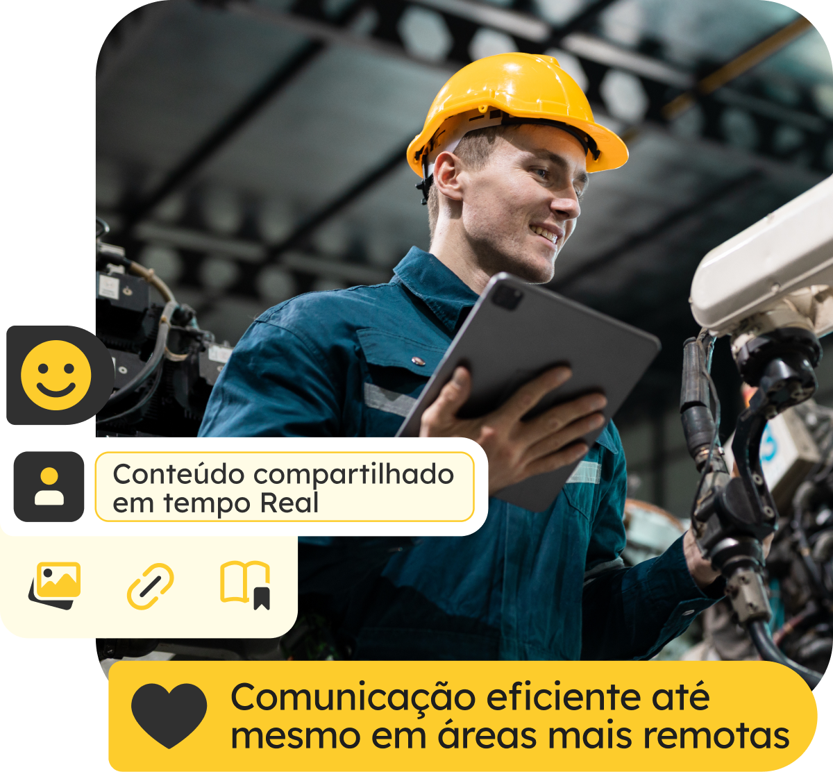 Trabalhador industrial acessando conteúdo em tempo real via tablet. A imagem ilustra a eficiência da comunicação interna Beehome mesmo em áreas operacionais remotas. Trabalhador industrial acessando conteúdo em tempo real via tablet. A imagem ilustra a eficiência da comunicação interna Beehome mesmo em áreas operacionais remotas.