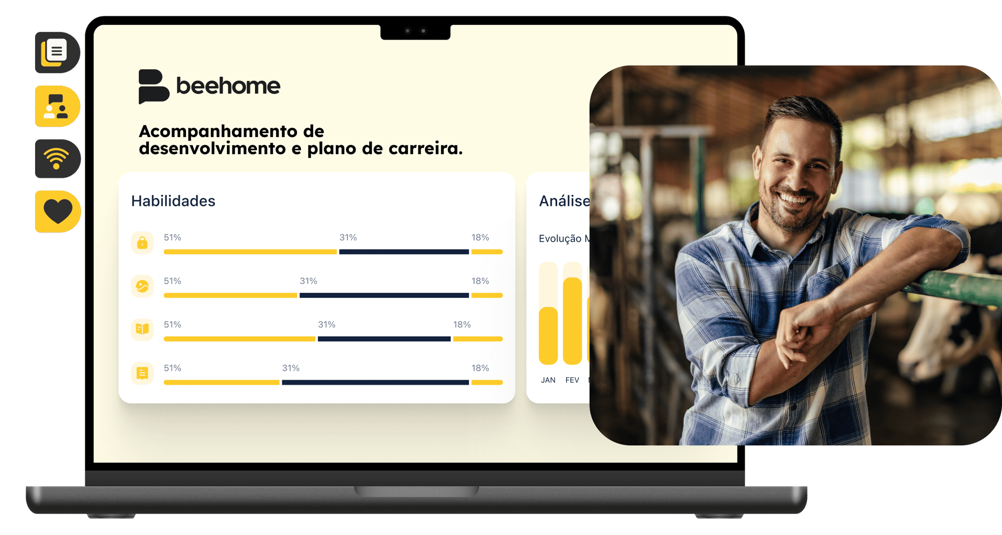 Profissional do agronegócio sorrindo em um estábulo, ao lado de um notebook exibindo a plataforma Beehome. A tela mostra um painel de acompanhamento de desenvolvimento e plano de carreira, com gráficos de análise de habilidades e evolução." Profissional do agronegócio sorrindo em um estábulo, ao lado de um notebook exibindo a plataforma Beehome. A tela mostra um painel de acompanhamento de desenvolvimento e plano de carreira, com gráficos de análise de habilidades e evolução."