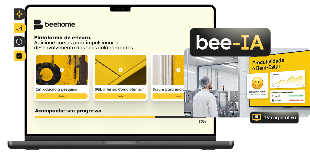 Notebook exibindo a plataforma de e-learning Beehome, integrado a uma cena de TV Corporativa que mostra indicadores de bem-estar e produtividade da equipe. Notebook exibindo a plataforma de e-learning Beehome, integrado a uma cena de TV Corporativa que mostra indicadores de bem-estar e produtividade da equipe.