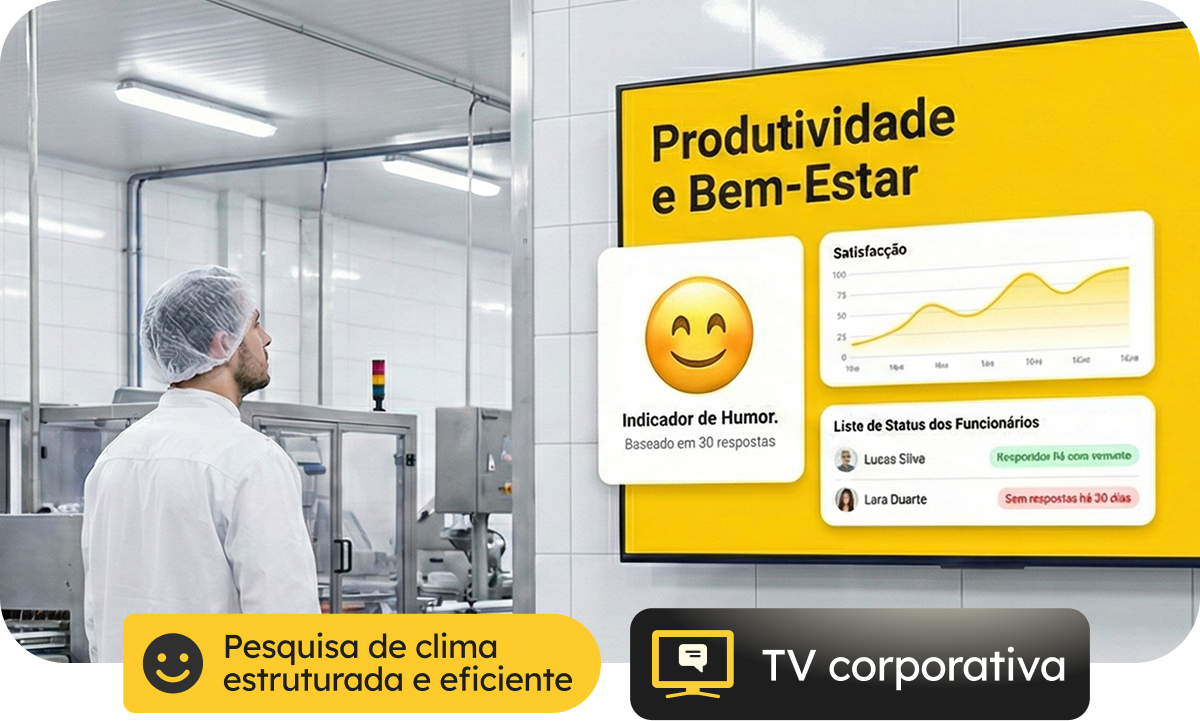 TV Corporativa Beehome em ambiente fabril exibindo indicadores de produtividade, bem-estar e resultados de pesquisa de clima organizacional. TV Corporativa Beehome em ambiente fabril exibindo indicadores de produtividade, bem-estar e resultados de pesquisa de clima organizacional.