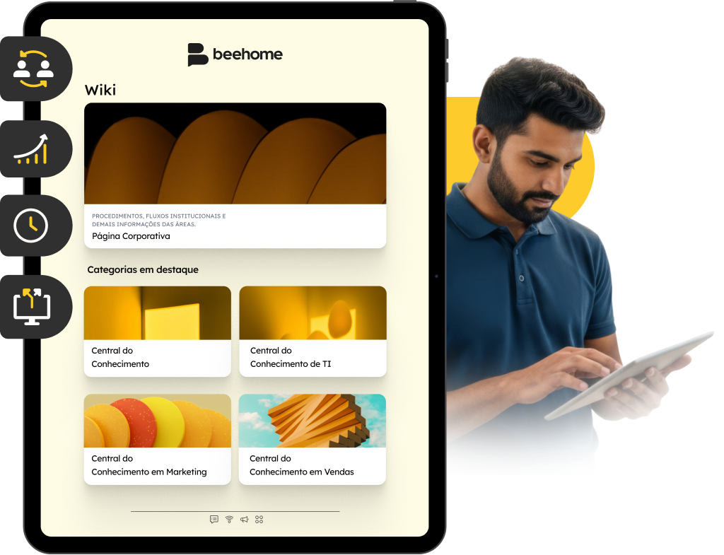 Colaborador acessando a Central do Conhecimento e Wiki corporativa via tablet, facilitando a consulta de manuais, normas de segurança e processos logísticos. Colaborador acessando a Central do Conhecimento e Wiki corporativa via tablet, facilitando a consulta de manuais, normas de segurança e processos logísticos.